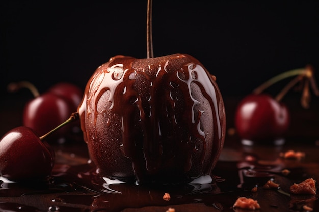 Zdjęcie jabłko w ciemnej czekoladzie z ociekającym sosem czekoladowym