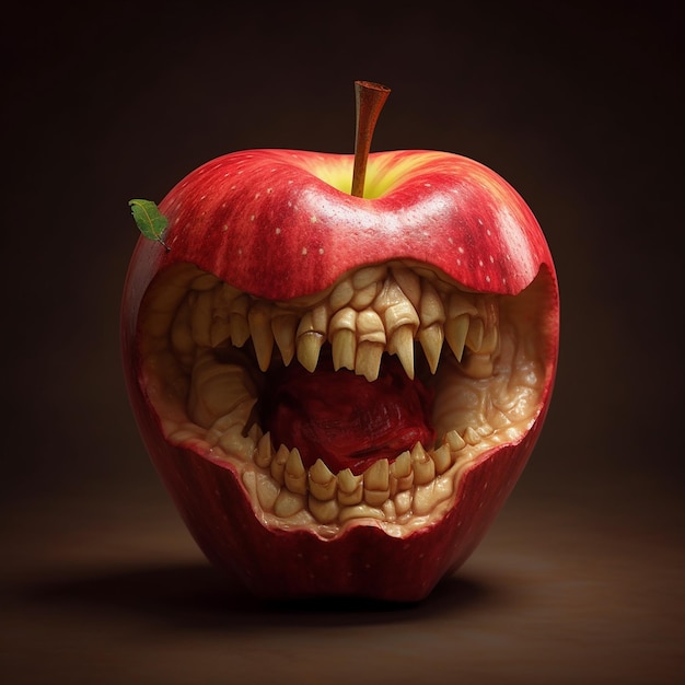 Zdjęcie jabłko z zębami pokazujące usta pełne zębów.