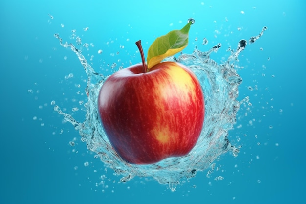 Jabłko z zielonym liściem jest w wodzie.