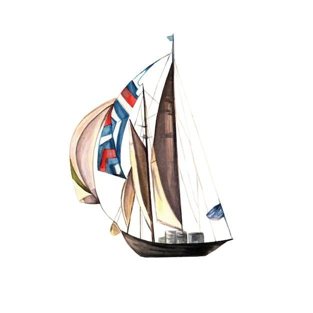 Jacht żaglówka Nautyczny Obiekt Akwarela Ilustracja Na Białym Tlewyciągnąć Rękę