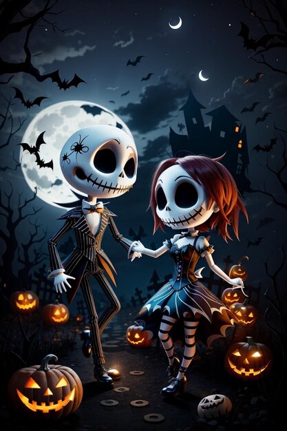 Zdjęcie jack i sally tańczą w noc halloween.