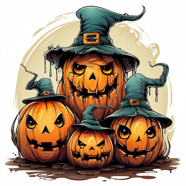 Jack O Lantern Dynie Halloween z kapeluszem czarownicy i płonącymi świecami
