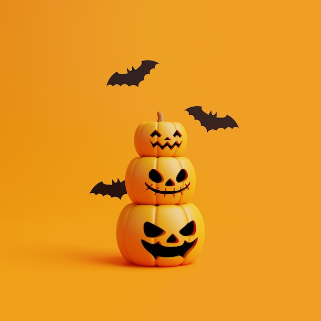 Jack o Lantern dynie z nietoperzami na pomarańczowym tle Happy Halloween koncepcji renderowania 3D