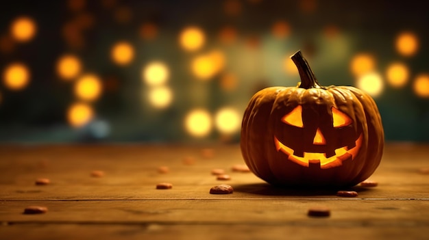 Jack o lantern Tło symbolu Halloween Dynie na desce Generative ai