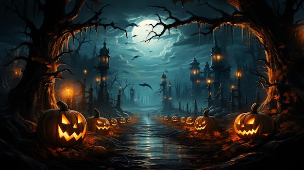 Jack O' Lanterns świecą w świetle księżyca w przerażającą noc przerażający koszmar Halloween