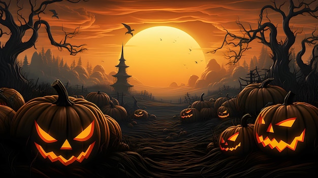 Jack O' Lanterns w lesie w upiorną noc Halloweenowe tło i tapeta Dzień Wszystkich Świętych Skopiuj przestrzeń Generatywna ai