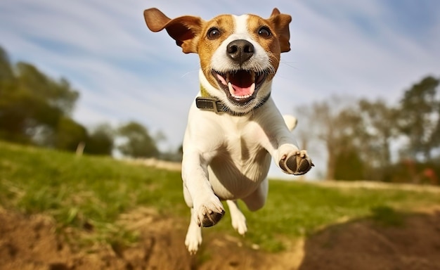 Jack Russel Parson Pies biegnie w kierunku kamery Niski kąt, szybki strzał