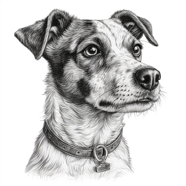 Jack Russell Terrier, grawerowanie stylu zbliżenie portret czarno-biały rysunek ładny pies