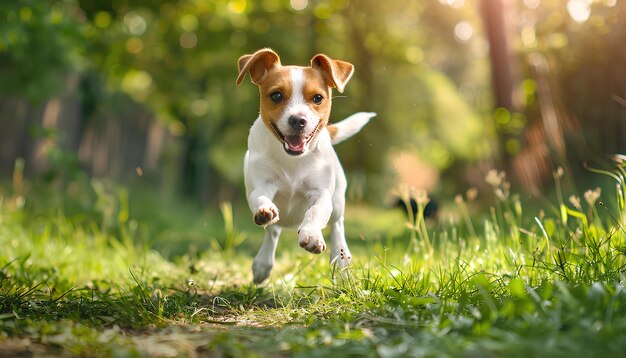 Jack Russell Terrier pies biega na świeżym powietrzu w letni słoneczny dzień