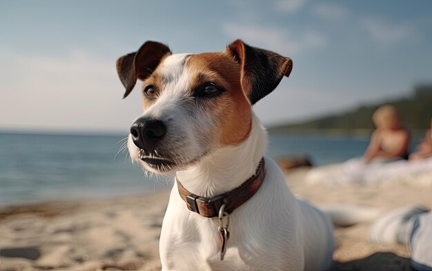 Jack Russell Terrier siedzi na plaży.