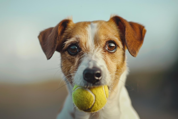 Jack Russell Terrier trzymający piłkę tenisową