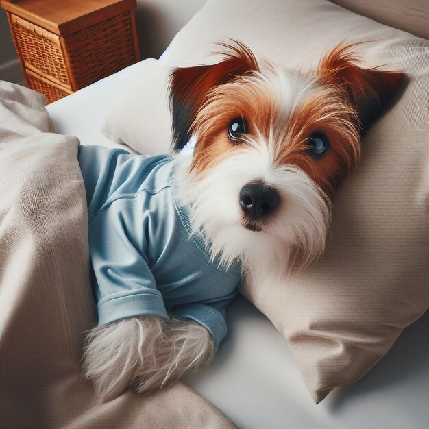 Jack Russell Terrier w niebieskiej piżamie na łóżku