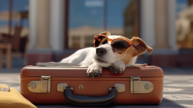 Jack Russell w okularach przeciwsłonecznych leży na walizce na lotnisku Podróżując ze zwierzakami Generative ai