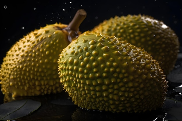 Jackfruit z rozpryskami wody na ciemnym tle ai generatywne