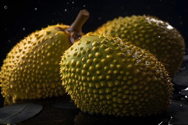 Zdjęcie jackfruit z rozpryskami wody na ciemnym tle ai generatywne