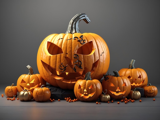 Jacko'lantern Halloween rzeźbiona dyni z dekoracją świąteczną na szarym tle Generuj ai