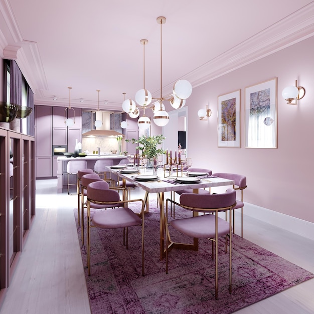 Jadalnia w kolorze liliowym w modnym stylu art deco z nowoczesnymi meblami, serwowanym stołem i krzesłami. Renderowanie 3D.