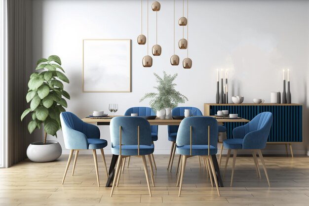 Jadalnia z niebieskim krzesłem i rośliną na ścianie