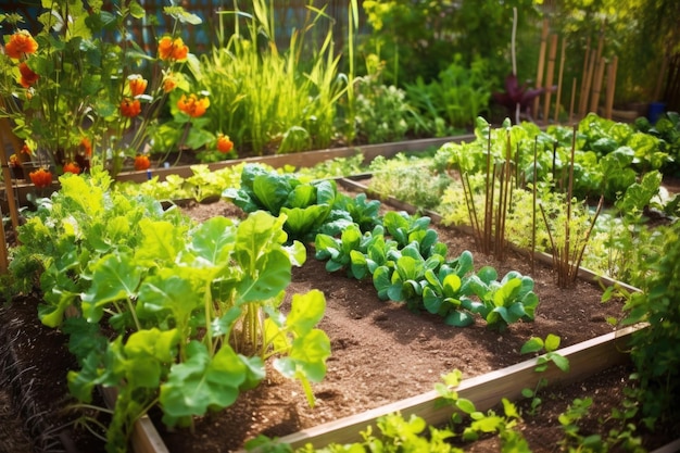 Jadalny ogród z warzywami i ziołami rosnącymi na żyznej glebie stworzony za pomocą generatywnej sztucznej inteligencji