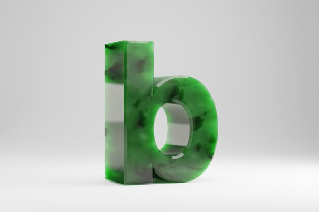 Jade 3d mała litera B. Jade list na białym tle. Zielony jadeit półprzezroczysty alfabet kamień. 3D renderowany znak czcionki.