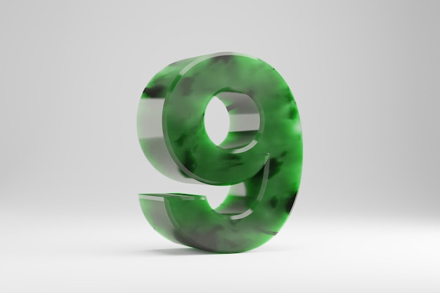 Jade 3d numer 9. Jade numer na białym tle. Zielony jadeit półprzezroczysty kamienny alfabet. 3D renderowany znak czcionki.