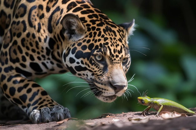 Jaguar patrzy na błąd w kłodzie.
