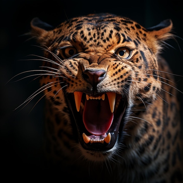 jaguar ryczący w lesie w stylu zbliżenia ciemnych świateł