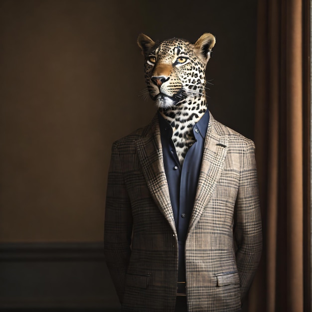 Zdjęcie jaguar ubrany w elegancki garnitur portret zastrzelony patrząc na widza w pokoju