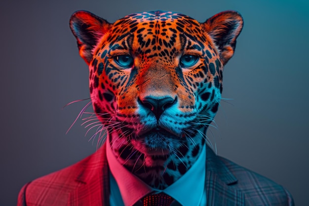 Jaguar w skrojonym garniturze biznesowym stojący na miękkim pastelowym tle AI Generative