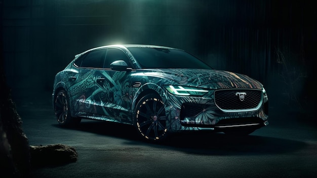 Jaguar xf jest namalowany w ciemnym pokoju z mężczyzną w tle.