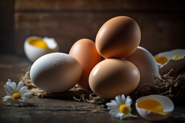Jaja kurze brązowe i białe jajka na stole Jajka gotowe do użycia z mąką i pszenicą w przepisie na stole Rodzaje jaj używanych do przygotowania ciasta i różnych przepisów
