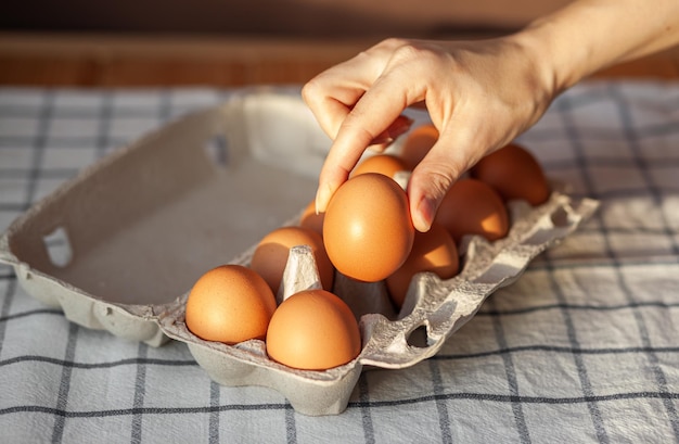 Jaja kurze brązowe są w kartonowym pudełku kupionym w sklepie spożywczym. Zdrowe śniadanie. Taca do przenoszenia i przechowywania kruchych jajek. Kobieta wyciąga ręką jedno jajko z opakowania