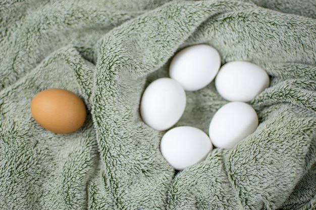Zdjęcie jaja kurze o szarej powierzchni tkanki jedno jest brązowe, a pozostałe białe koncepcja nie taka jak wszyscy inni