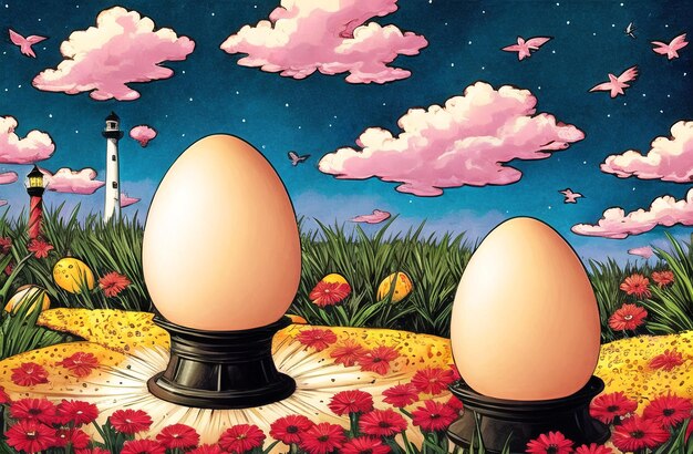 Zdjęcie jaja w gospodarstwie tło krajobrazu koncepcja polowania na jajka wielkanocne świeże organiczne surowe jaja ai generated