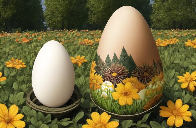 Jaja w gospodarstwie Tło krajobrazu Koncepcja polowania na jajka wielkanocne Świeże organiczne surowe jaja AI Generated