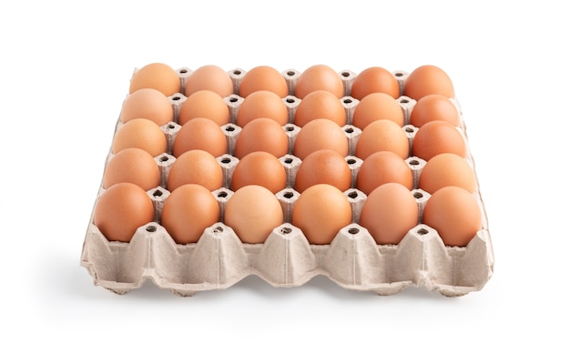 Jaja w kartonie na białym tle na białej powierzchni ze ścieżkami przycinającymi