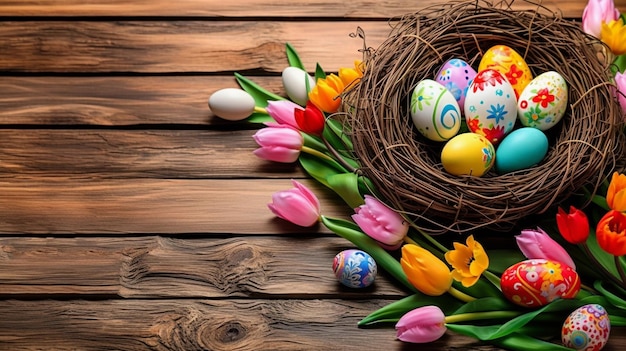 Jaja wielkanocne w ptasim gnieździe i kwiaty na drewnianej podłodze Koncepcja szczęśliwych dni wielkanocnych