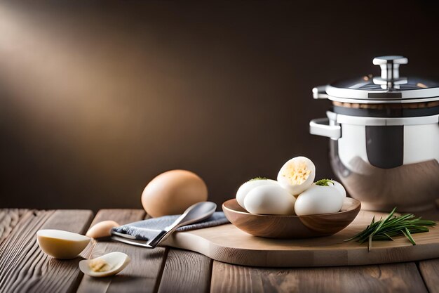 jajka i jajka na drewnianym stole z nożem i łyżką.