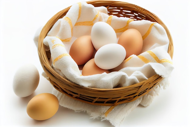 Zdjęcie jajka kurze w koszu z ręcznikiem na białym tle 7