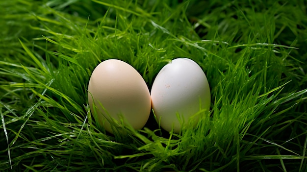 Jajka na zielonej trawie z ptaków karmionych trawą Generatywne żywność AI