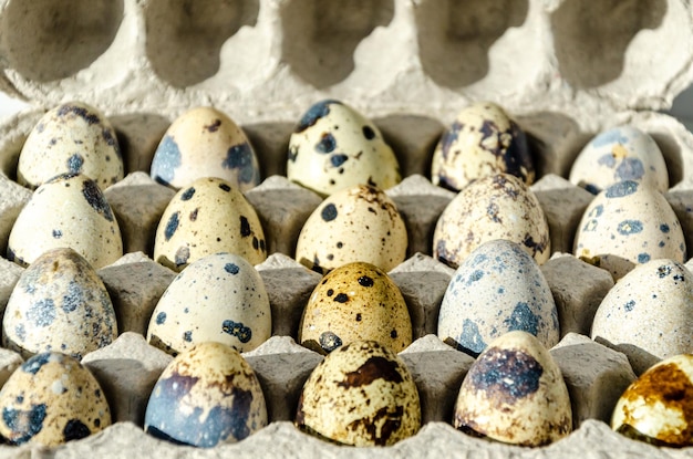 Jajka przepiórcze w ekologicznym opakowaniu wykonanym z makulatury na białym tle drewnianego stołu