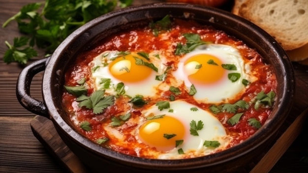 Jajka Shakshuka pochowane w pikantnym sosie pomidorowym prezentowane na białym talerzu z góry w dół