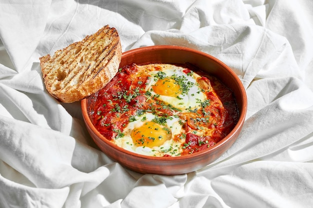 Jajka Shakshuka z pomidorami w talerzu na białej blasze Twarde światło