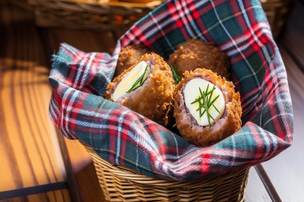 Zdjęcie jajka szkockie w koszyku z karetkowym li pikantnym pysznym jajkiem szkockim fotografia obrazu