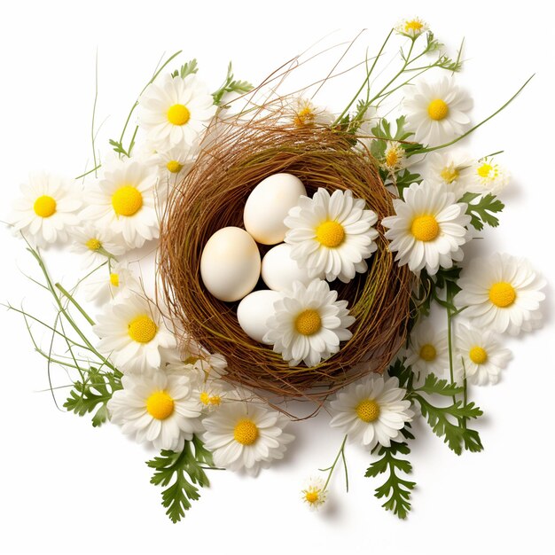 Jajka w koszu z wiosennymi roślinami i kwiatami