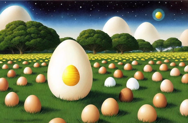 Zdjęcie jajka w pięknych krajobrazach natury wesołych świąt wielkanocnych temat polowania jaja hodowlane ai generated