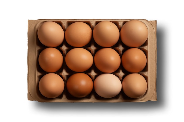 Jajka w pudełku kartonowym izolowane na białym tle