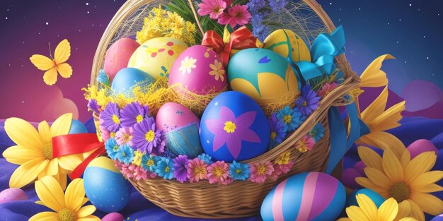 Zdjęcie jajka wielkanocne i bardziej kolorowe obszary wokół kwiatów dekoracyjne kolorowe kosze do jaj