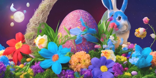 Zdjęcie jajka wielkanocne i ucho królika bardziej kolorowe obszar wokół kwiatu