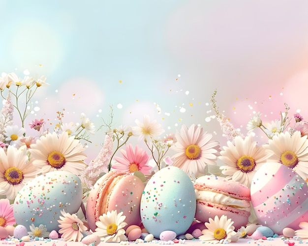 Jajka wielkanocne ozdobione płatkami i słodkimi kwiatami piękna dekoracja stołu